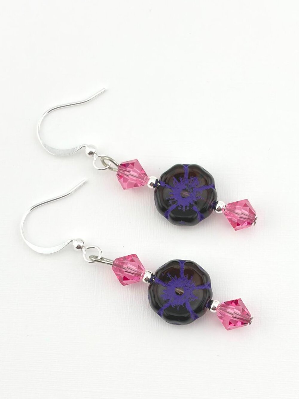 Purple Czech Glass Flower Pink Crystal Glass Beads Handmade Earrings LR249